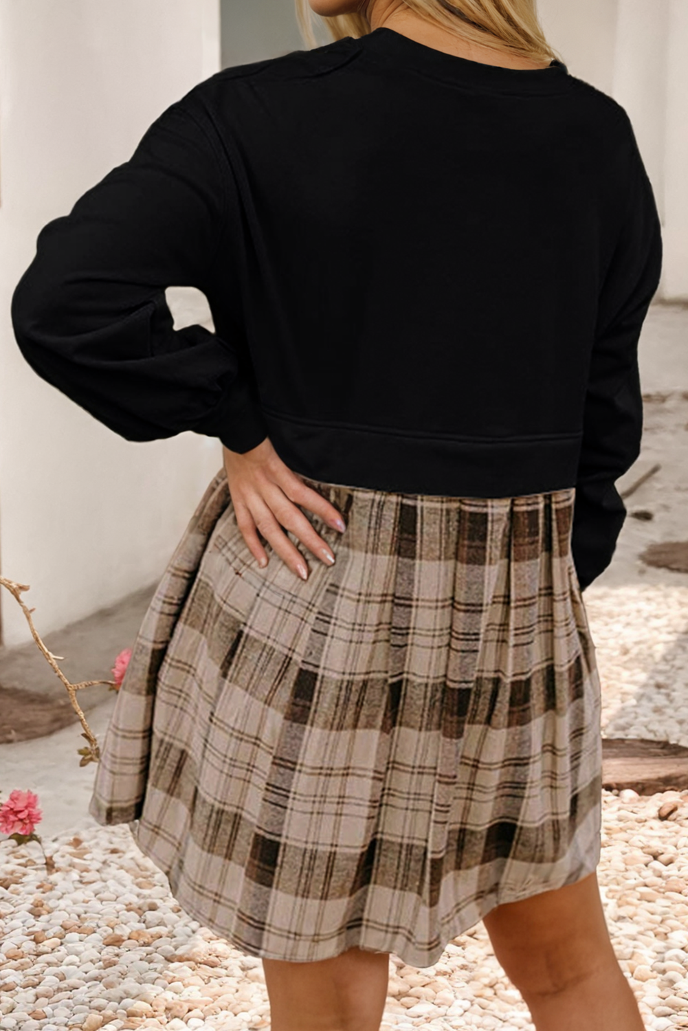 LDC Plaid Patchwork High Waist Sweatshirt Mini Dress