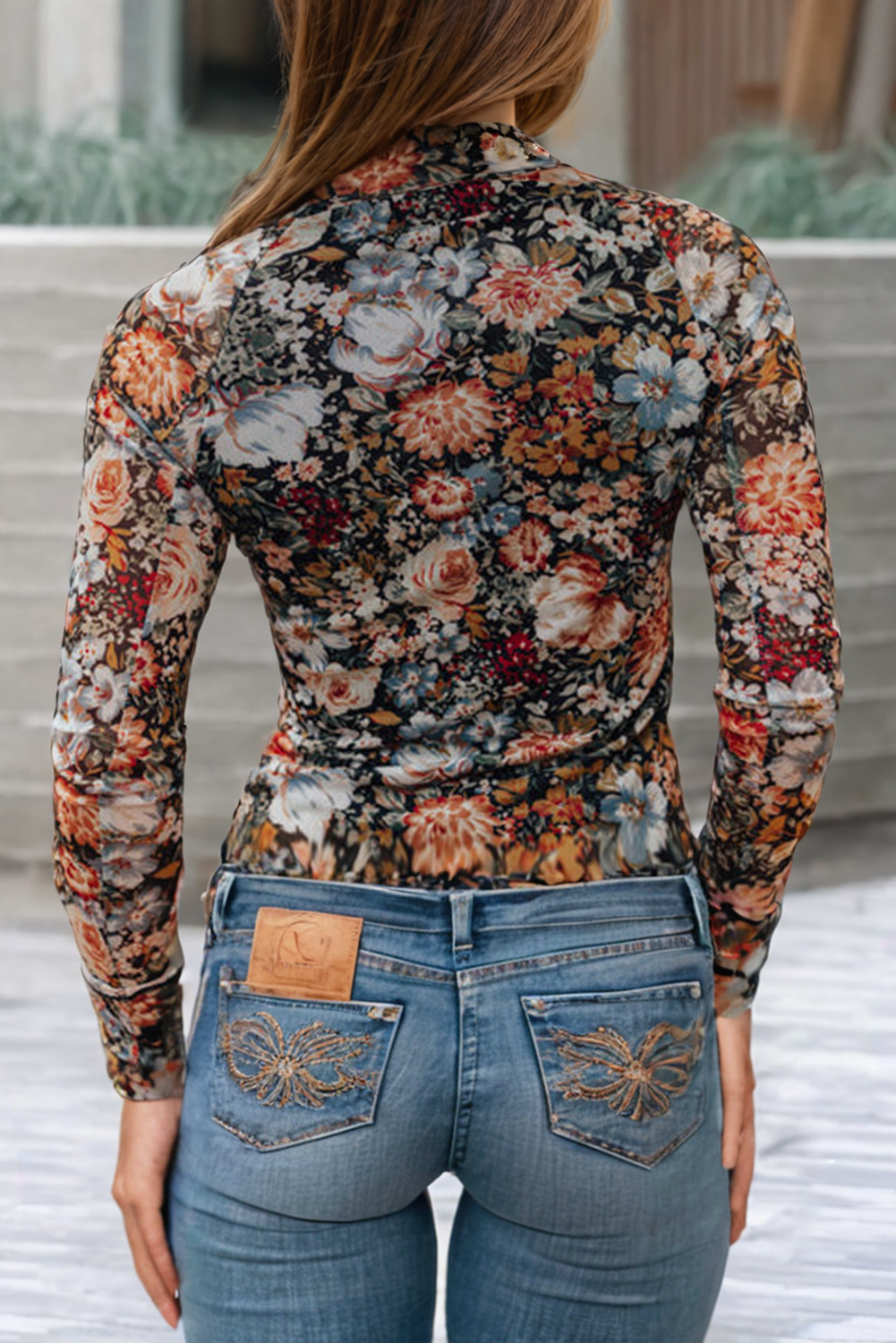 LDC Floral Long Sleeve High Neck Sheath Mesh Blouse