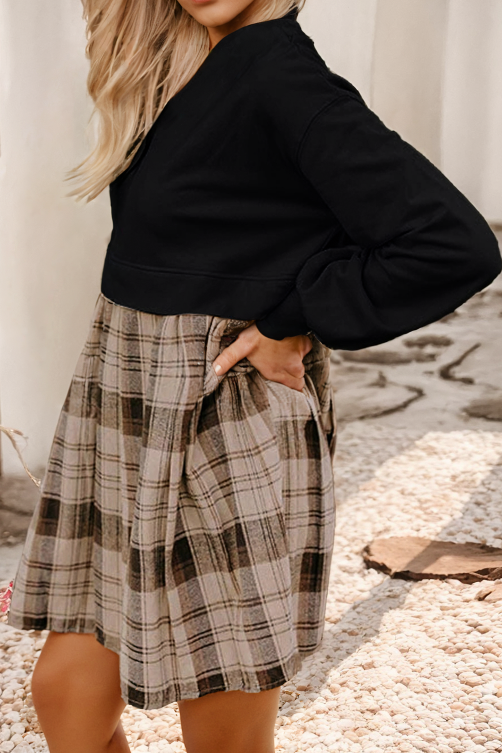 LDC Plaid Patchwork High Waist Sweatshirt Mini Dress