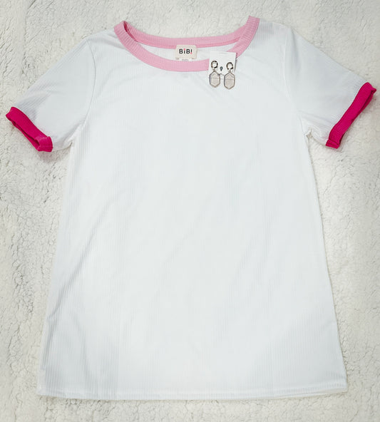 White Short Sleeve with Pink Trim