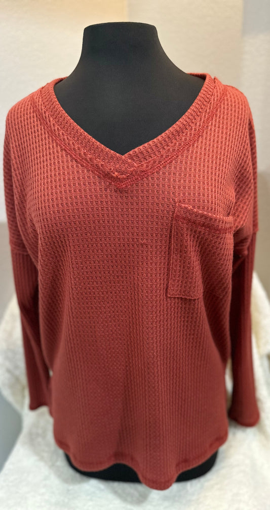Rust V Neck Long Sleeve